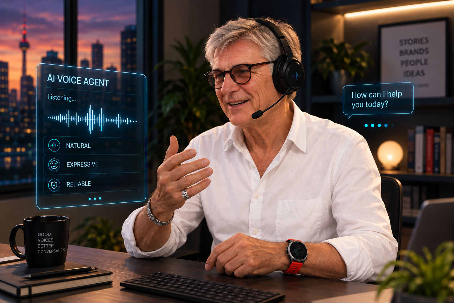Bernard Schaer wearing a headset as an AI voice agent in the studio