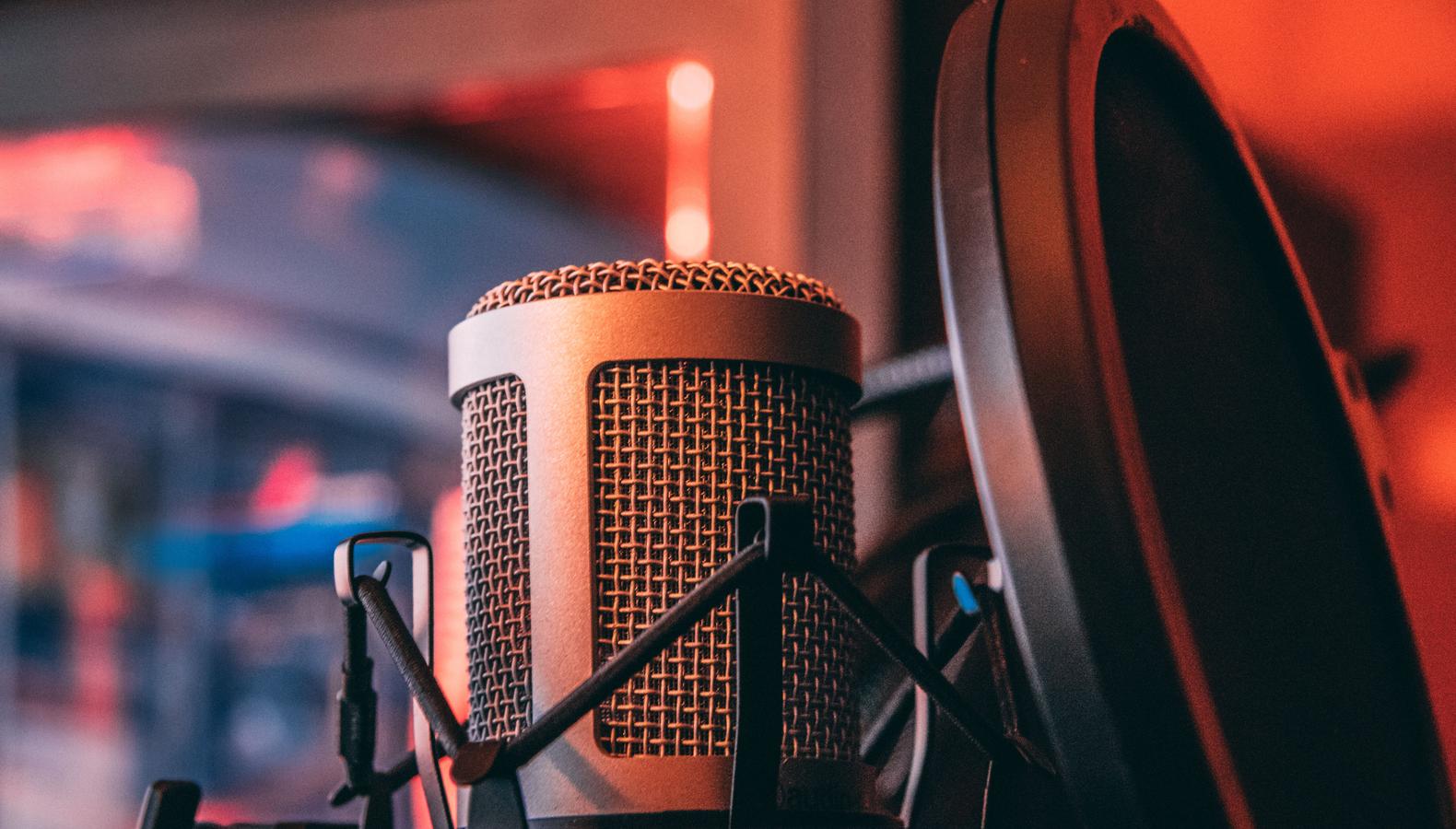 Large-diaphragm studio microphone in a shock mount with pop filter